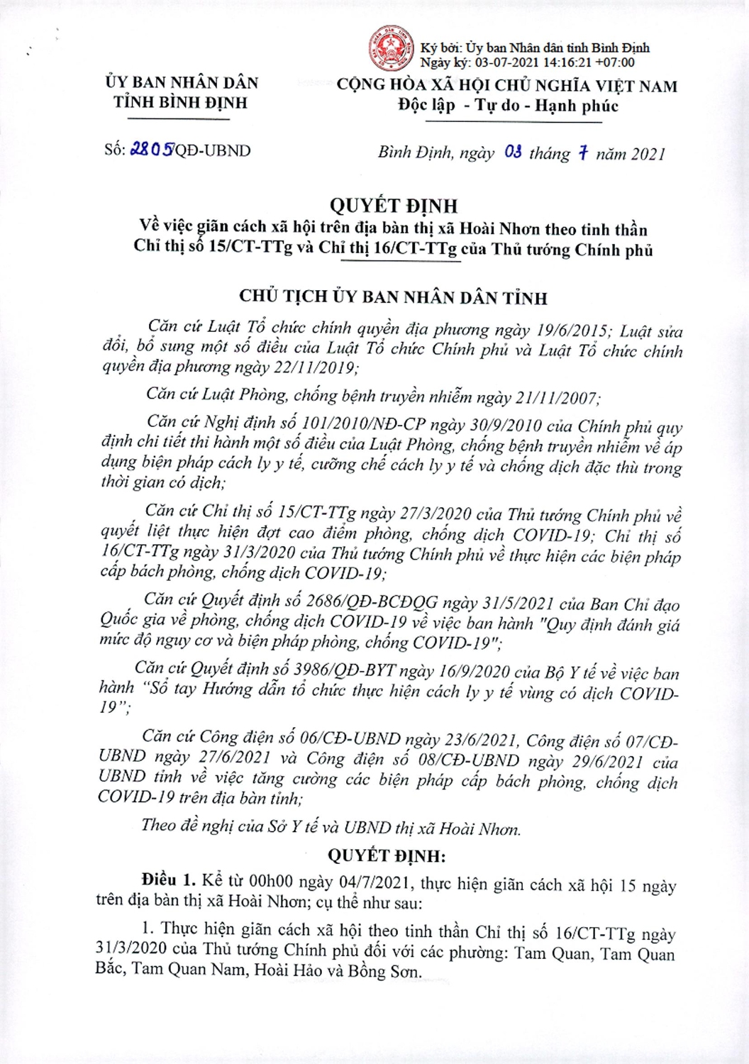 QD gian cach thi xa Hoai Nhon theo CT15, 16 va QD2686 SYT va CT CDao 0001