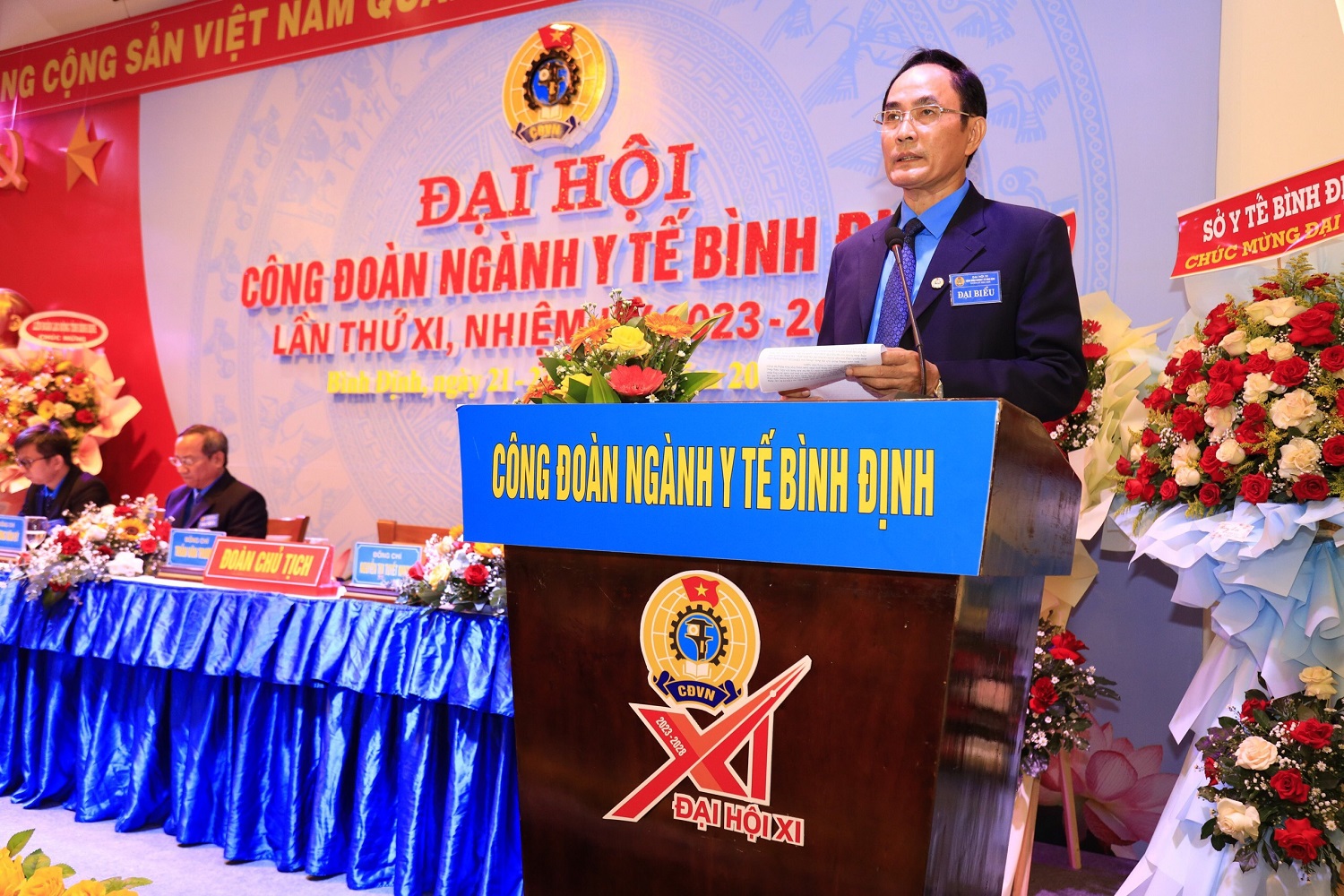 Ông Trần Văn Trương, Chủ tịch Công đoàn ngành Y tế phát biểu khai mạc Đại hội Công đoàn ngành Y tế lần thứ XI, nhiệm kỳ 2023-2028